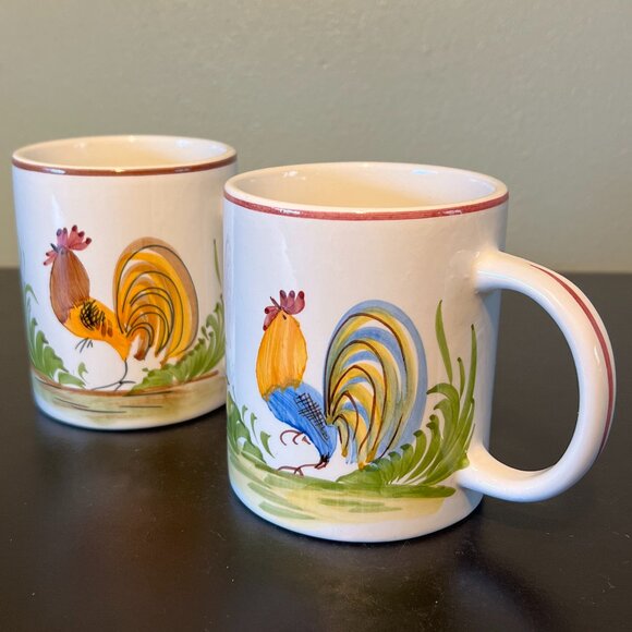 Set of 2 Vintage Jay Willfred Hand Painted Rooster Mugs Cups  ~ Made in Portugal - Picture 1 of 12